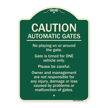 Signmission Designer Series-Caution Automatic Gates No Playing Gate Is Timed For One, 24" x 18", G-1824-9992 A-DES-G-1824-9992